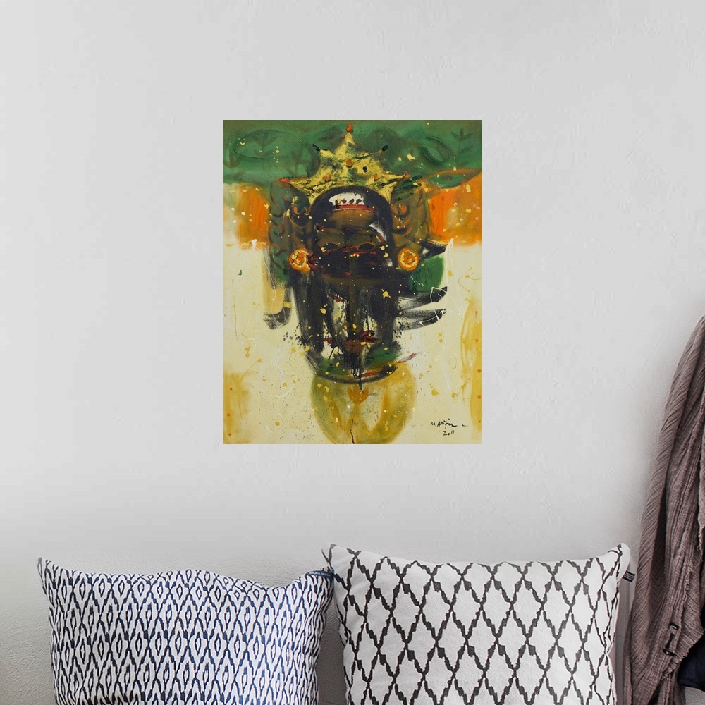 A bohemian room featuring In this painting I portray the god who according to Balinese beliefs brings prosperity to every p...