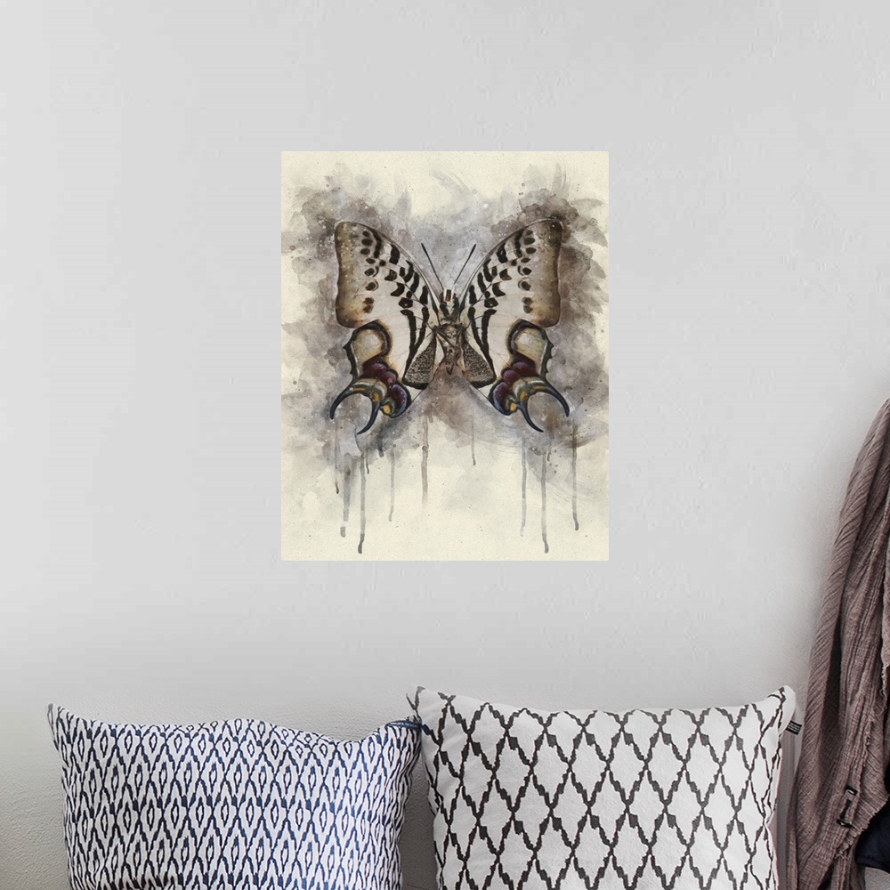 A bohemian room featuring A white butterfly with brown and purple spots with wings spread.