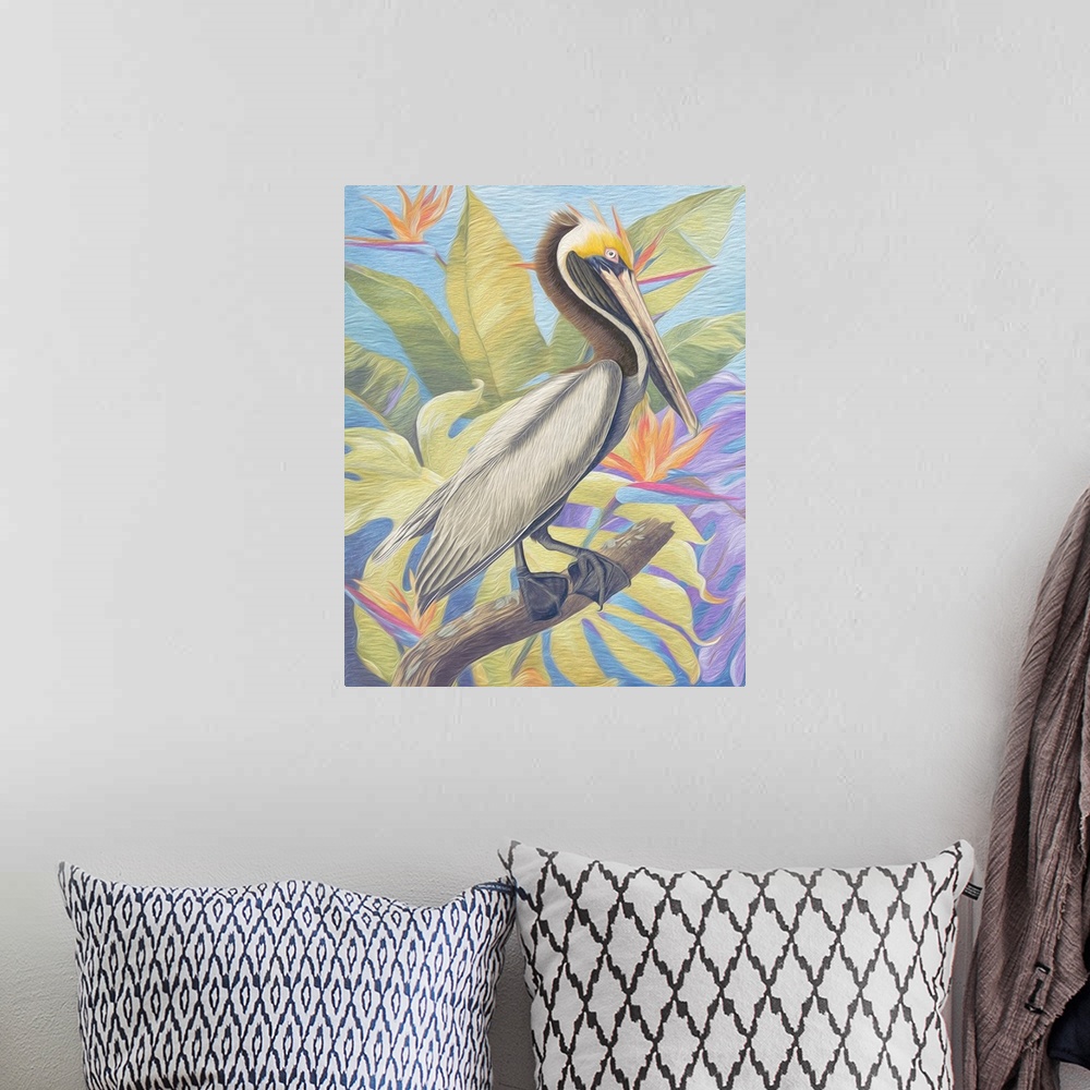 A bohemian room featuring A painterly textured rendition of a vintage pelican on a branch with tropical vegitation in the b...