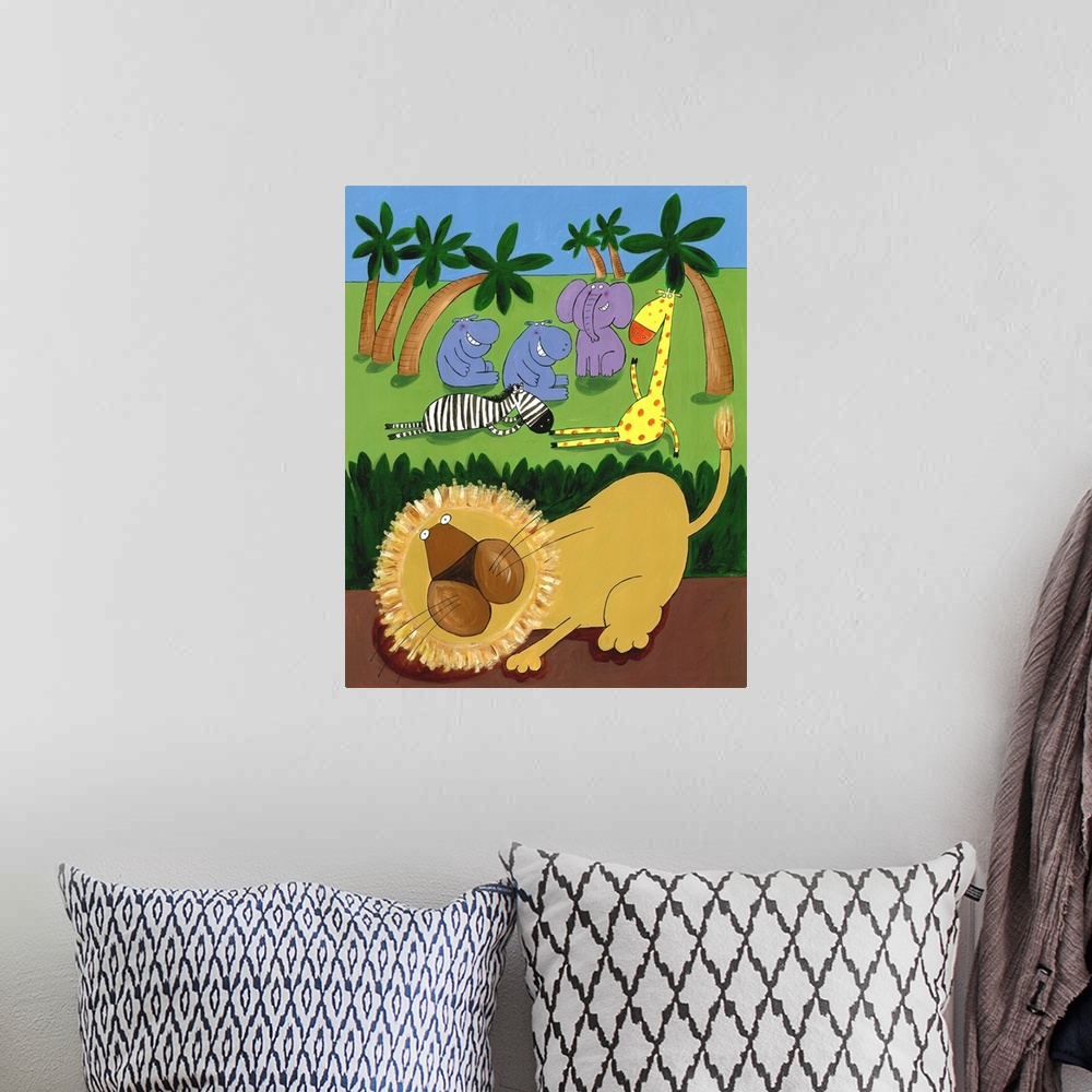 A bohemian room featuring Giraffe, zebra and hippo have fun in the jungle while the lion prowls in the undergrowth.