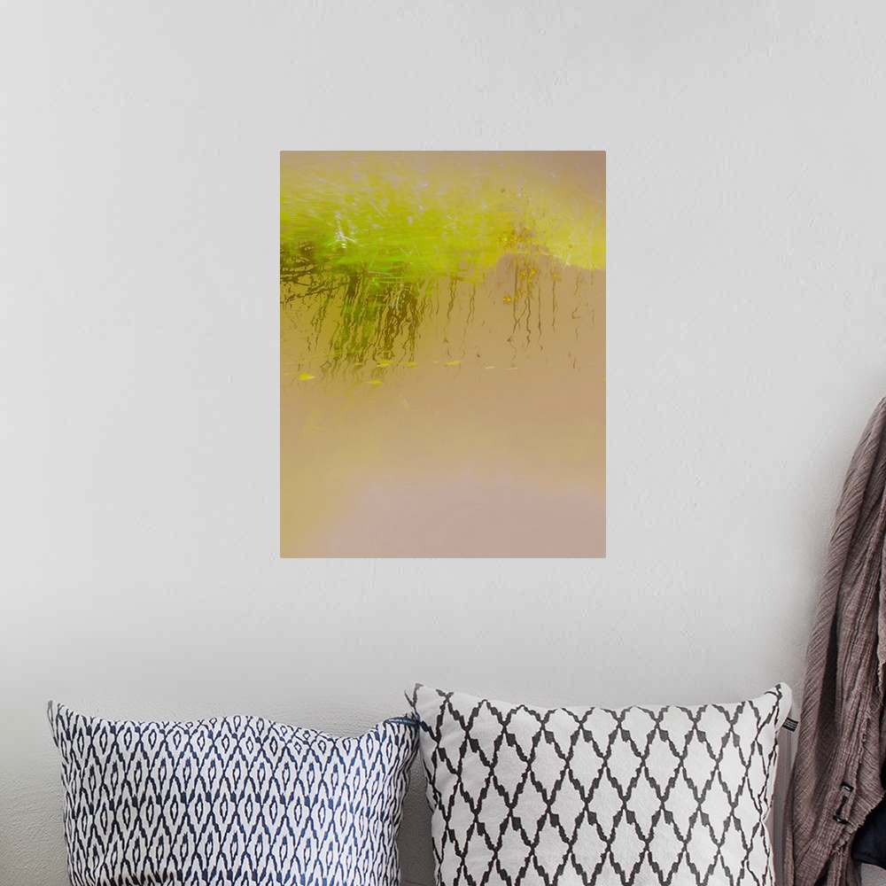 A bohemian room featuring Abstract photograph of bright green reeds reflecting into golden lit water.