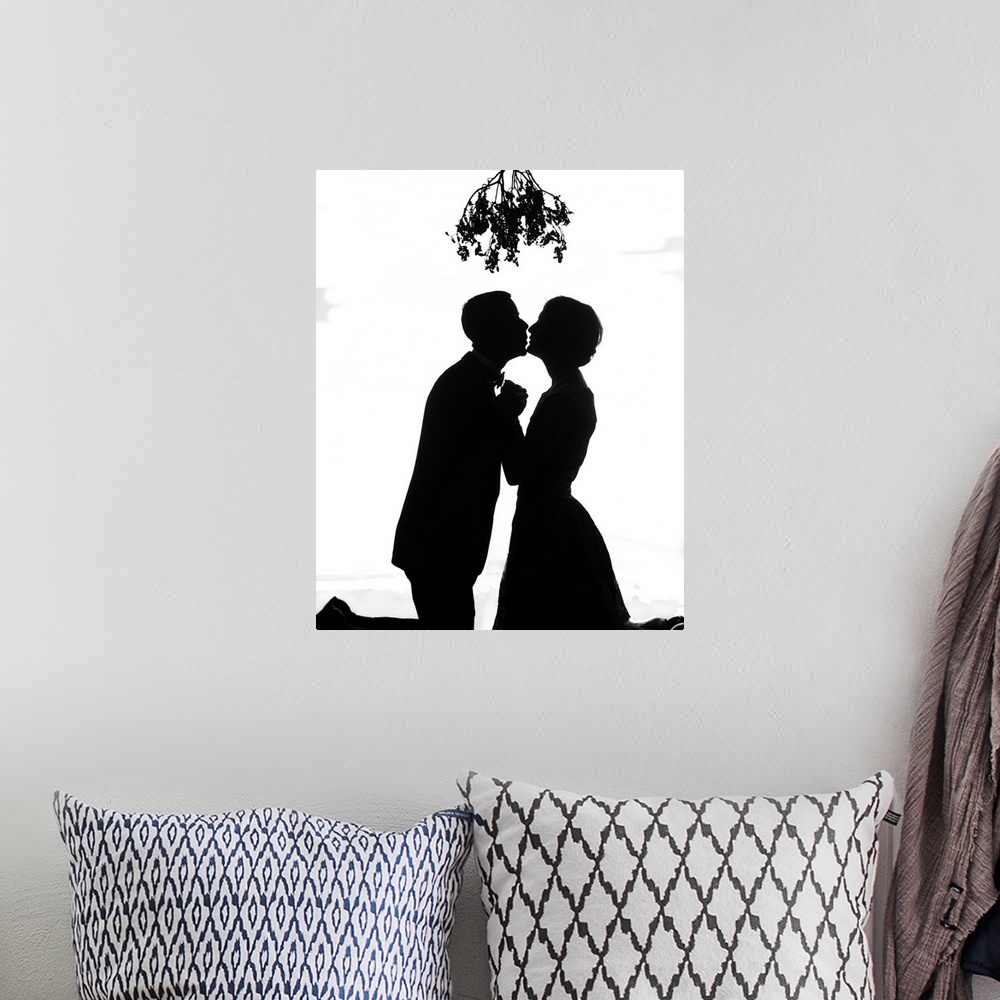 A bohemian room featuring 1920's Silhouette Of Couple Kissing Under Christmas Mistletoe