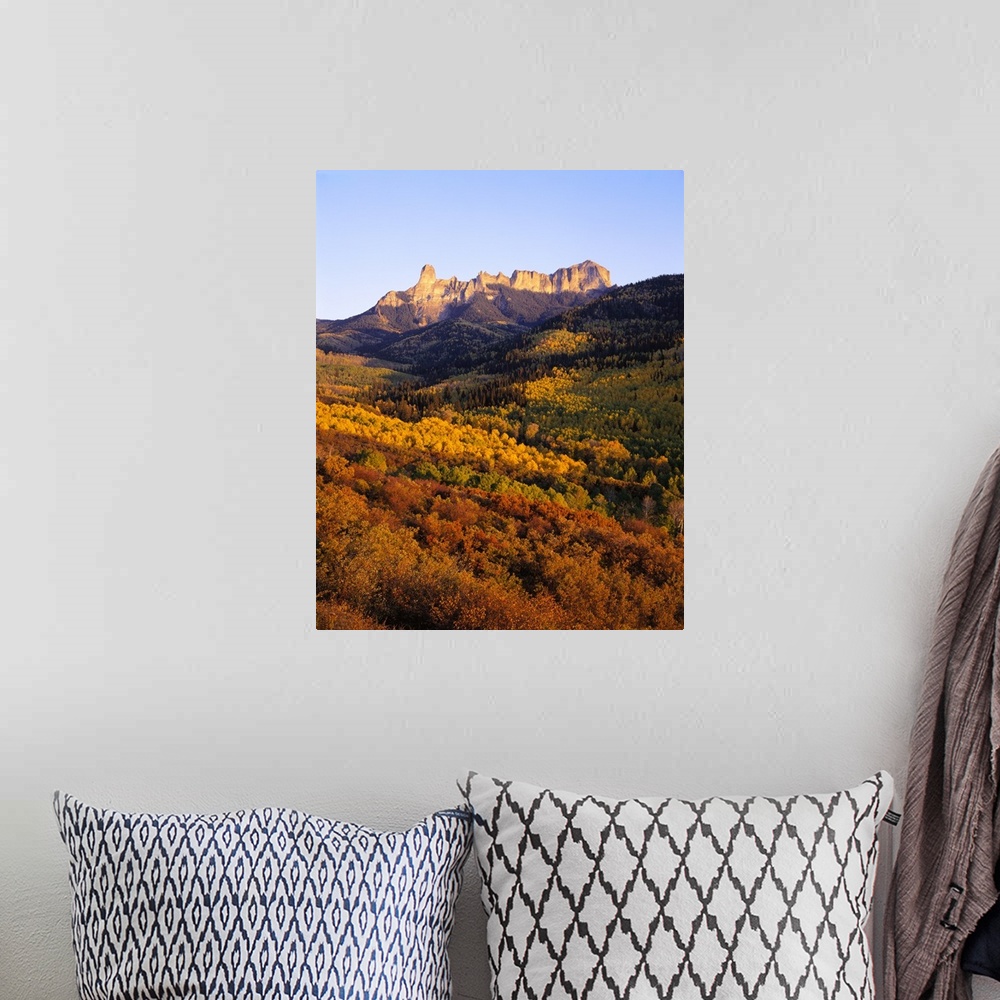 A bohemian room featuring An immense cliff is pictured in the background with dense forest that has various colored autumn ...