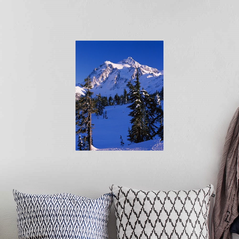 A bohemian room featuring Mountain covered with snow, Mt Shuksan, North Cascades National Park, Whatcom County, Washington ...