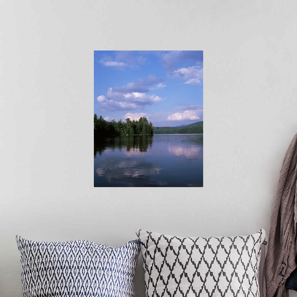A bohemian room featuring New York, Adirondack State Park, Adirondack Mountains, Reflection of trees in Franklin Falls pond