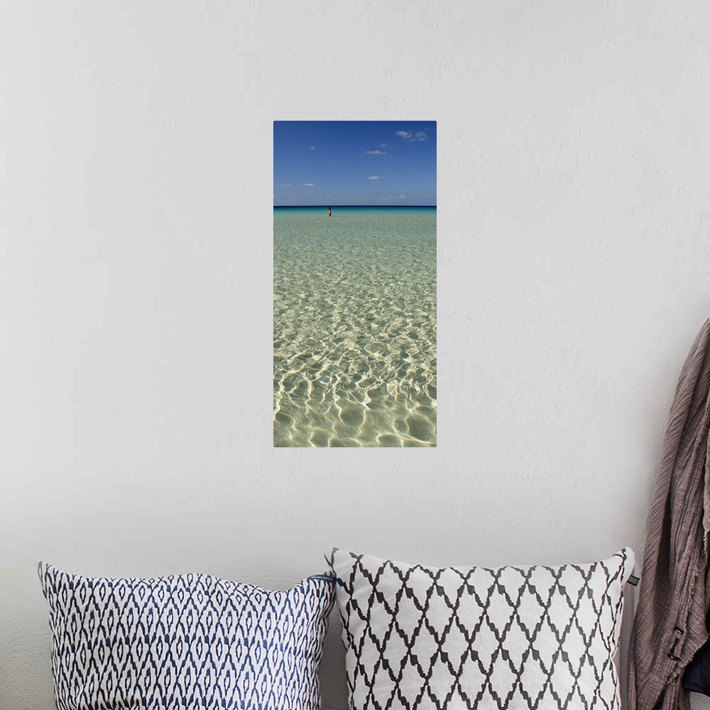 A bohemian room featuring Vertical panoramic of the ocean water and sky in Spiaggia Dei Conigli, Italy.