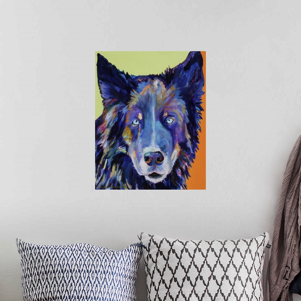 A bohemian room featuring Contemporary artwork of a dog with pointed ears and dark fur.