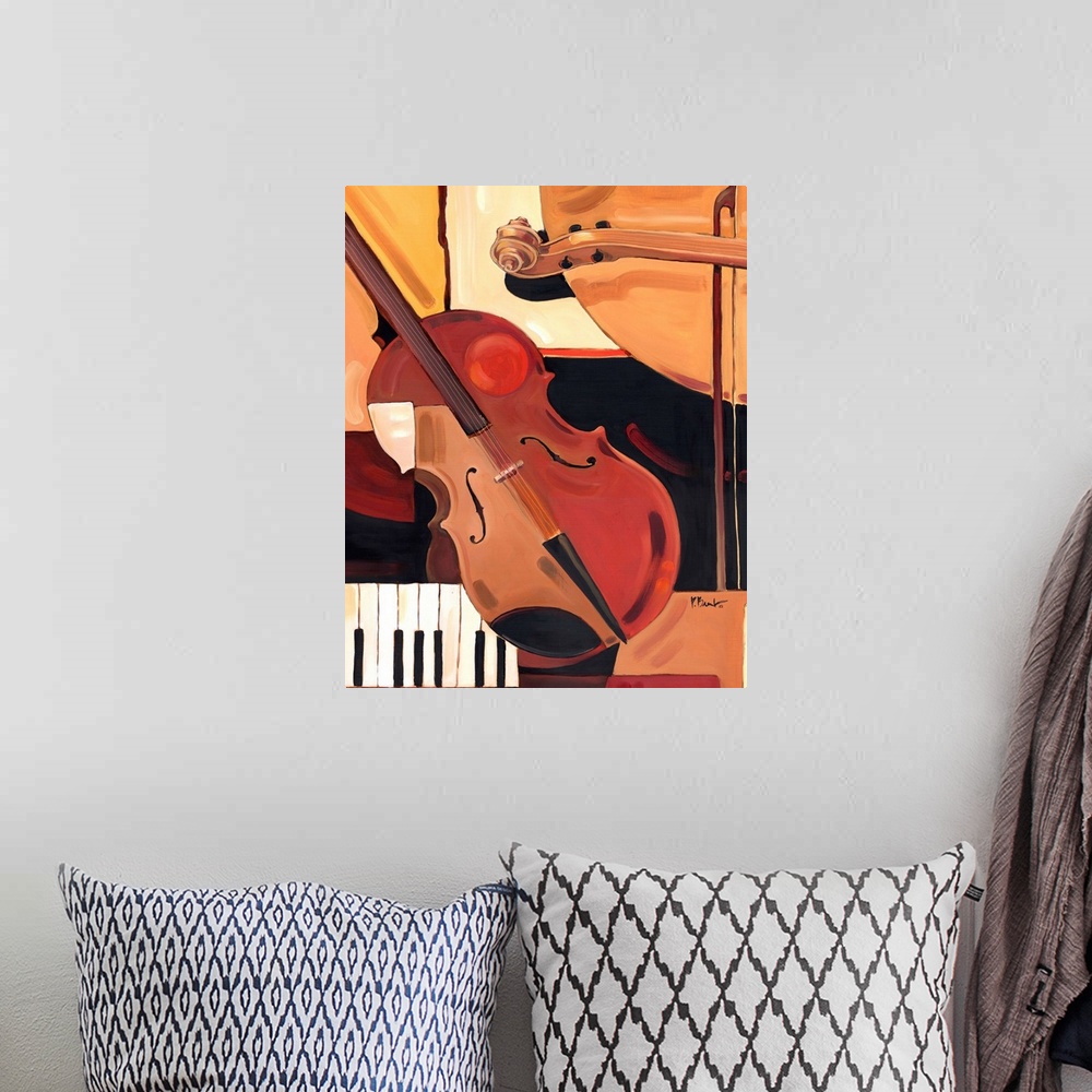A bohemian room featuring Abstracted painting of a violin and other musical instrument elements, done in neutral tones.