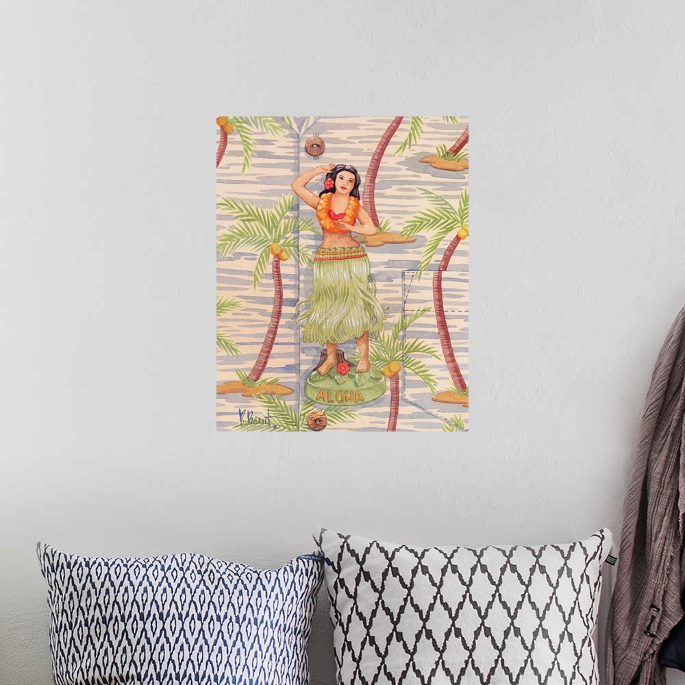 A bohemian room featuring Painting from a series of hula girl figurines on a Hawaiian shirt background.