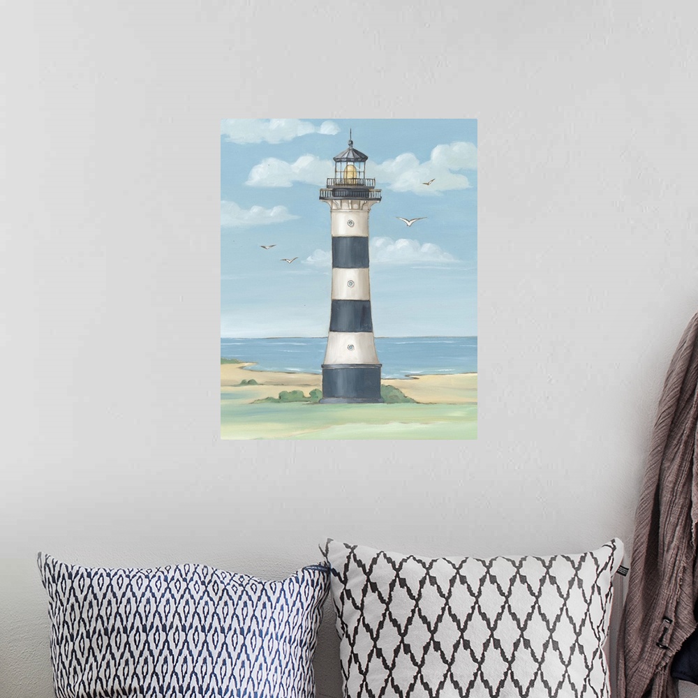 A bohemian room featuring Painting of the striped Cape Canaveral lighthouse in Florida.