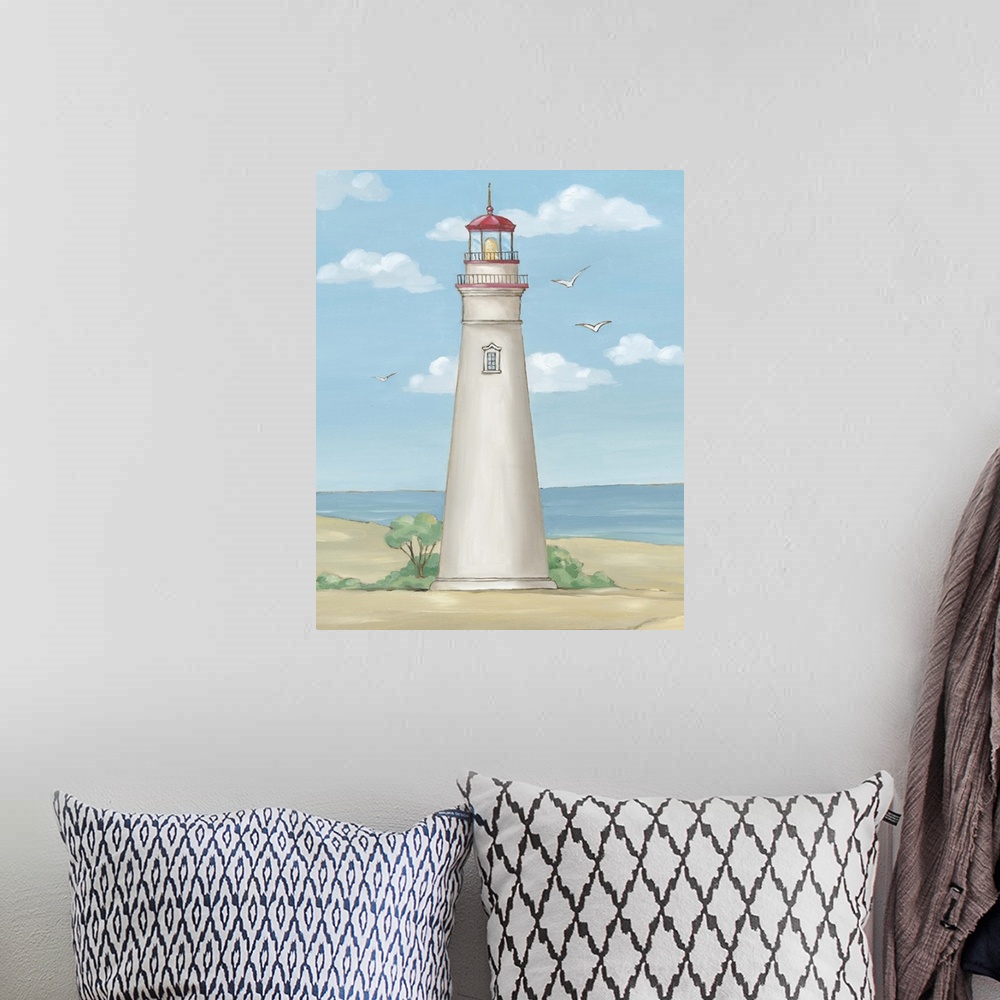 A bohemian room featuring Painting of the Marblehead Light in Ohio, which is the oldest lighthouse still used in the United...