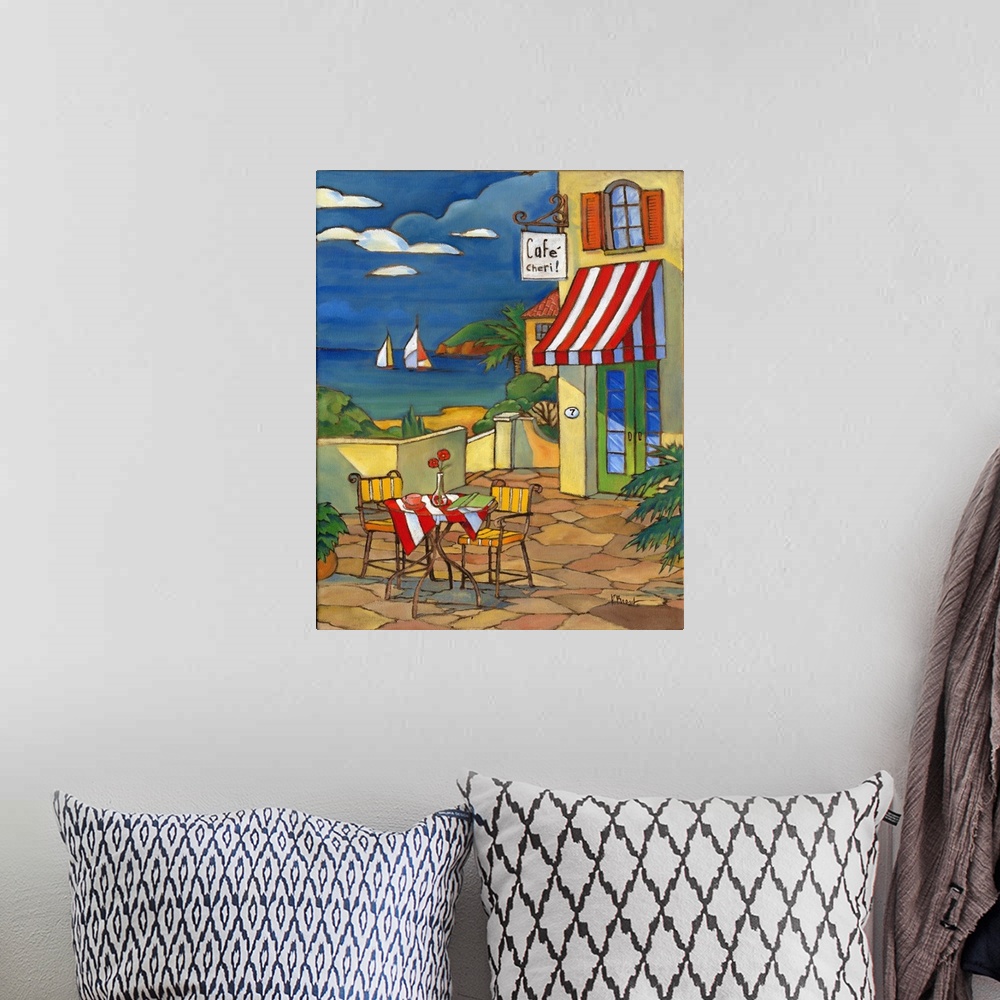 A bohemian room featuring Illustration of a cafe in France by the sea, with a striped awning.
