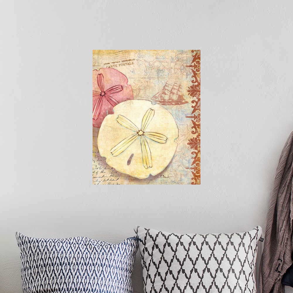 A bohemian room featuring Vintage style decorative panel of a pair of sand dollars with a post mark and stamp.
