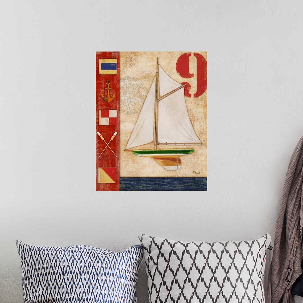 A bohemian room featuring Decorative artwork featuring a yacht and nautical elements, such as flags, an anchor, and oars.