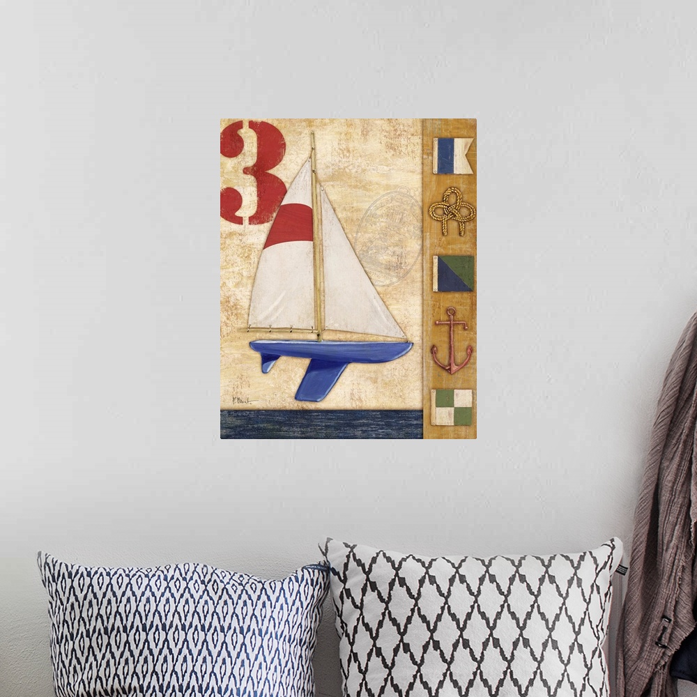 A bohemian room featuring Decorative artwork featuring a yacht and nautical elements, such as flags, an anchor, and rope.
