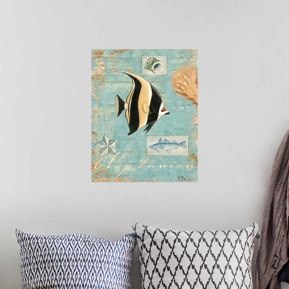 A bohemian room featuring Decorative artwork of an angelfish on a distressed background with shells.