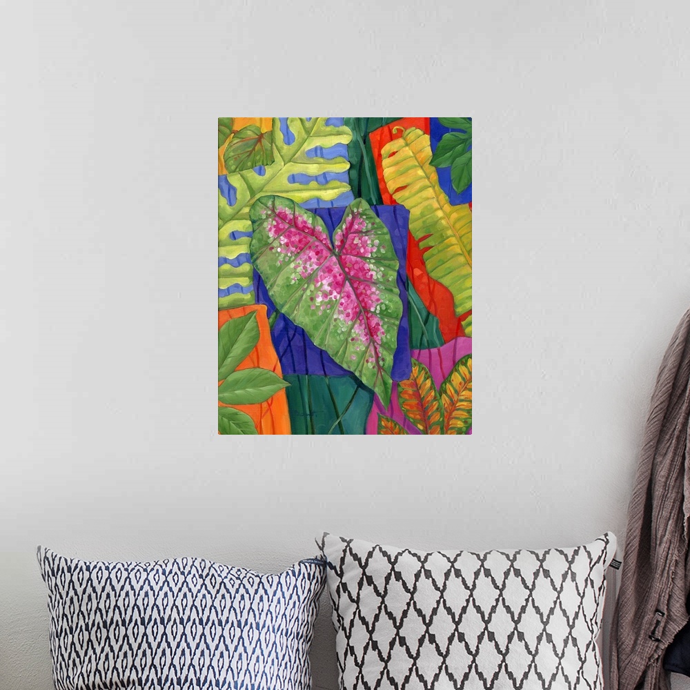 A bohemian room featuring Colorful painting of multicolored tropical leaves of different sizes.