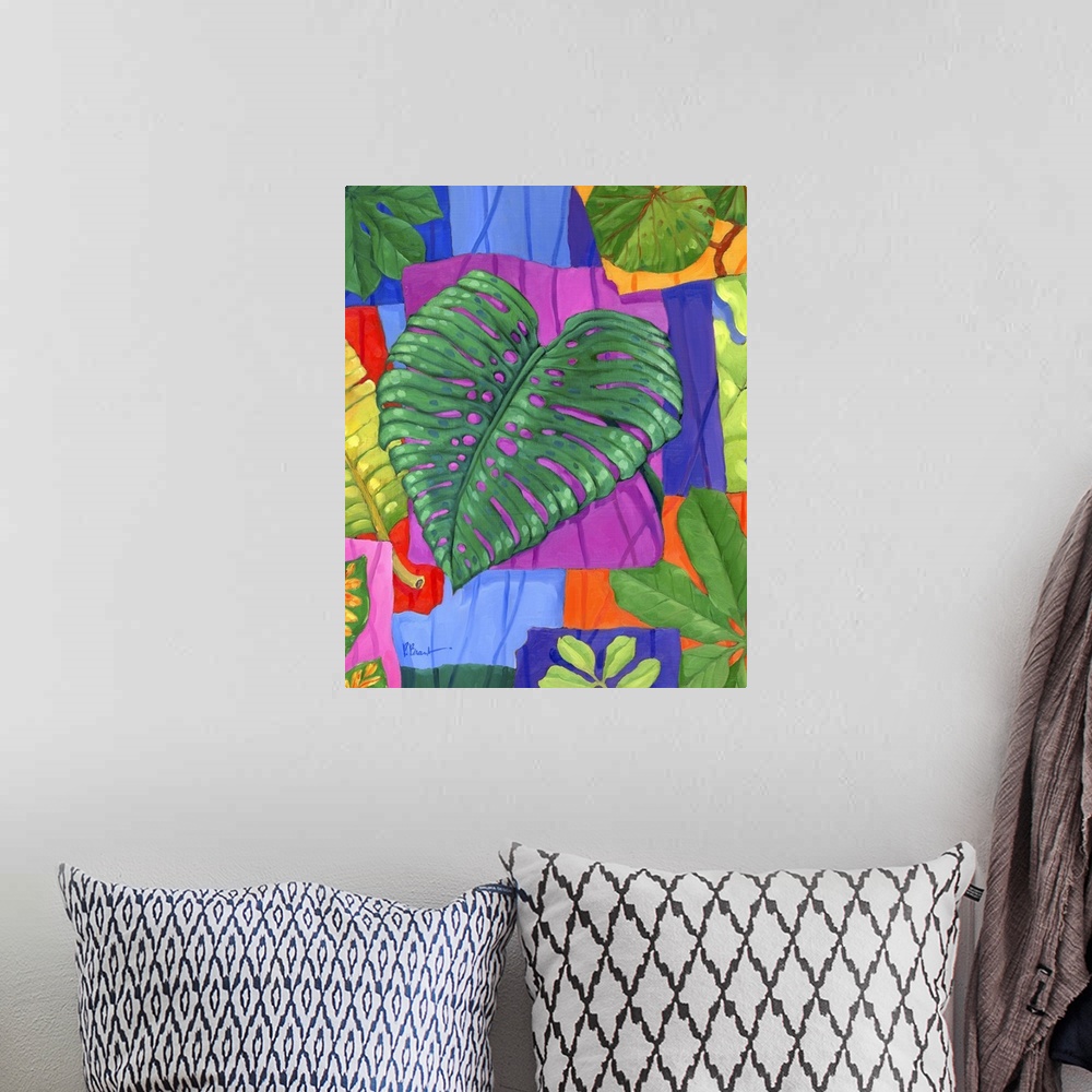 A bohemian room featuring Colorful painting of multicolored tropical leaves of different sizes.