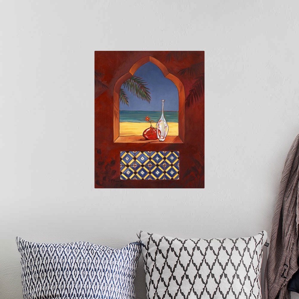 A bohemian room featuring Still life painting of two glass vases on the sill of an arched window with patterned tile.