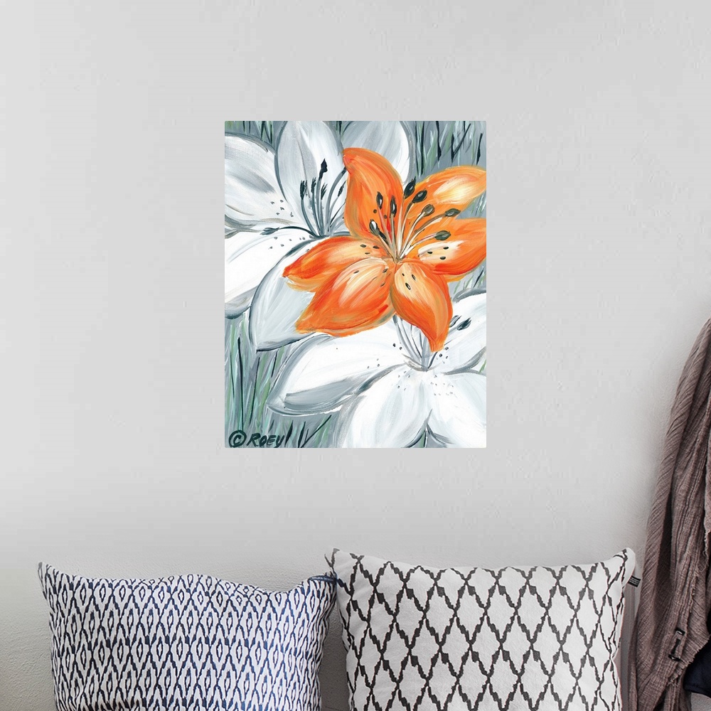 A bohemian room featuring A vertical contemporary painting of a orange tiger lily in the middle of white.