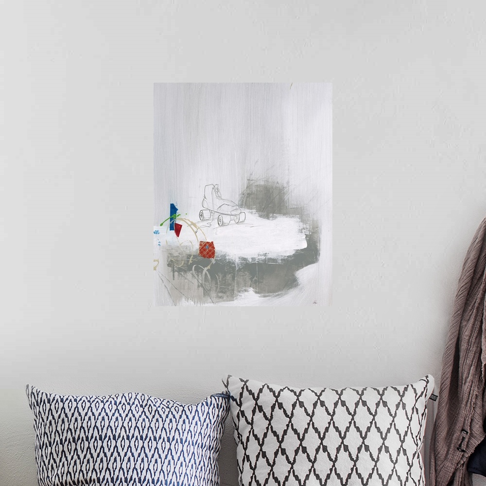 A bohemian room featuring Contemporary abstract painting of a pencil drawing of a roller skate against a neutral toned back...
