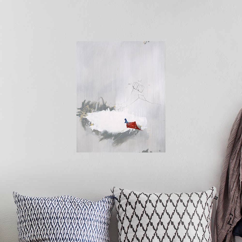 A bohemian room featuring Contemporary art of a colorful kite flying below a sketch of two colorless kites, all connected b...