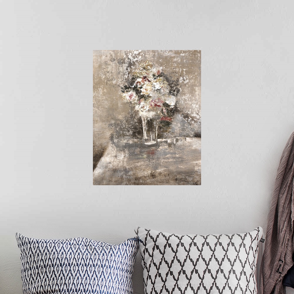 A bohemian room featuring Contemporary painting of a vase with flowers on a table with neutral tones and pops of pink and y...