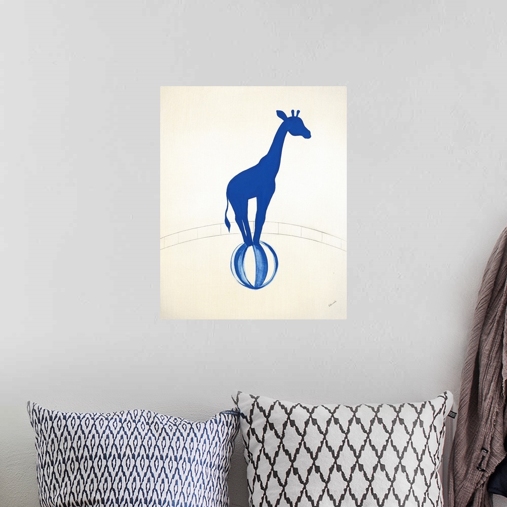 A bohemian room featuring Blue silhouette of a giraffe balancing on a striped ball in a graphite drawn ring.