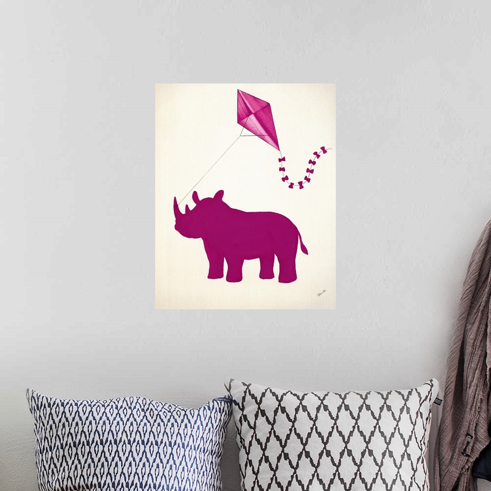 A bohemian room featuring Pink silhouetted rhinoceros holding a pink kite with its tusk.