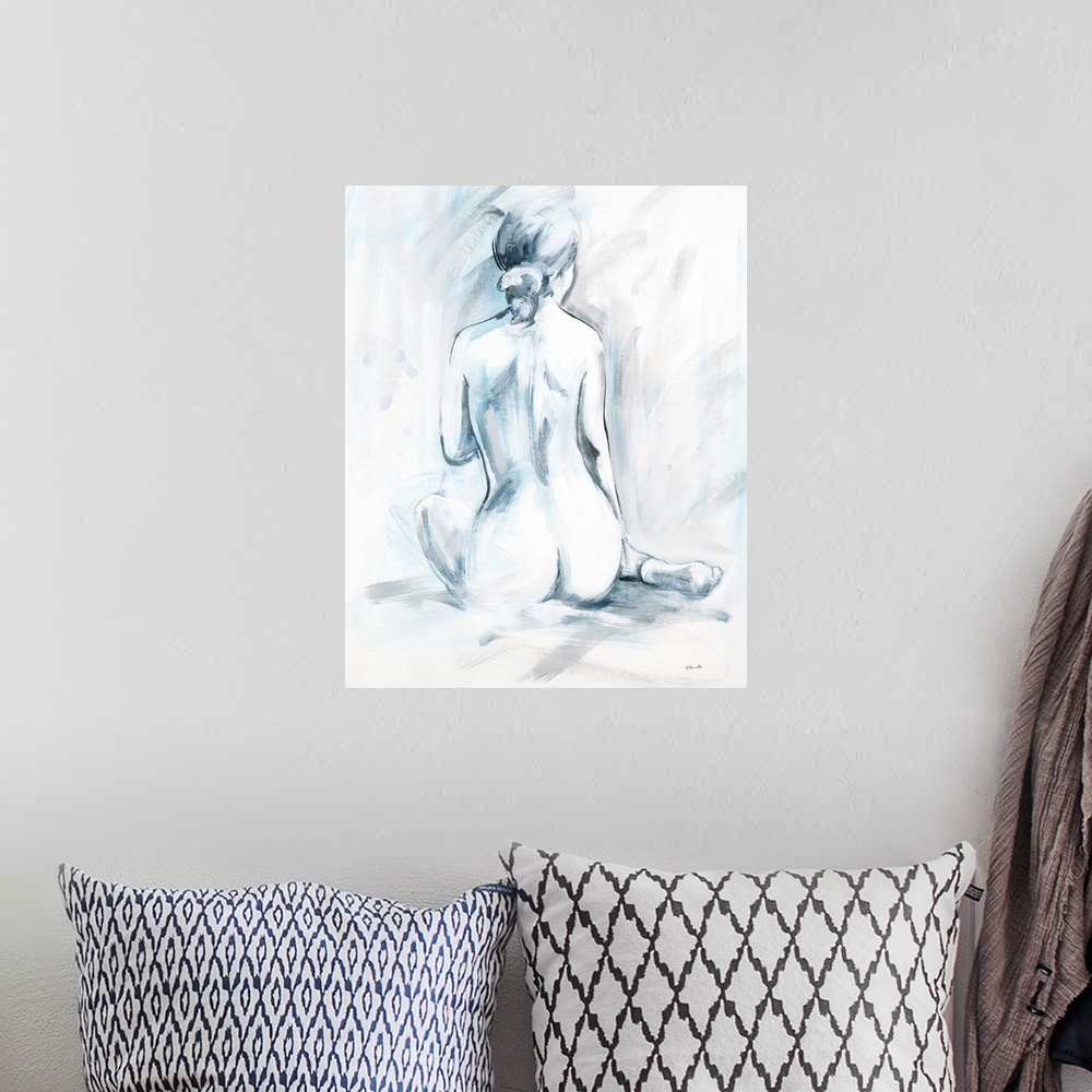A bohemian room featuring Cool toned abstract painting of the backside of a naked woman with her hair tied up in a low pony...