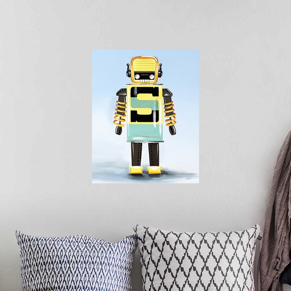 A bohemian room featuring Contemporary painting of a yellow, green, and gray robot on a light blue and white background.