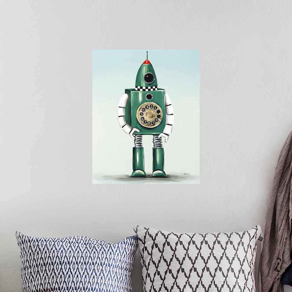 A bohemian room featuring Contemporary painting of a green robot with an old fashioned phone dial on its middle section.