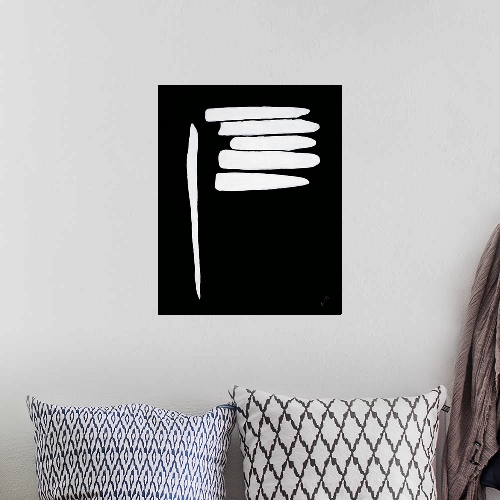 A bohemian room featuring Contemporary abstract painting that has a solid black background and thick white lines- one runni...
