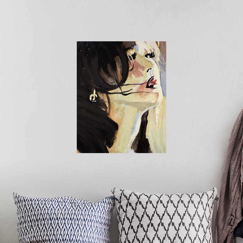 A bohemian room featuring This contemporary artwork is a portrait of a woman drawn with dark hair and heavy make up on her ...