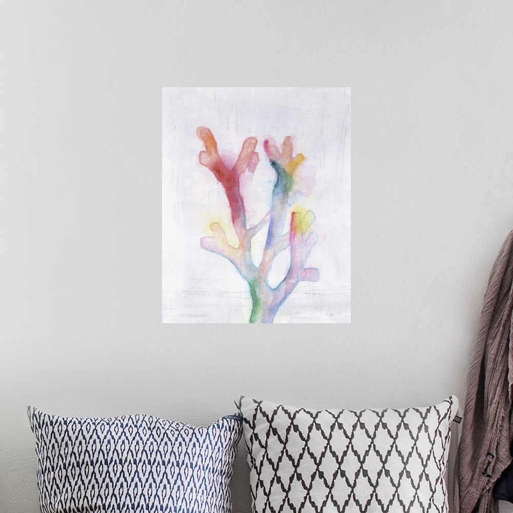 A bohemian room featuring Colorful painting of coral on a white and gray textured background.