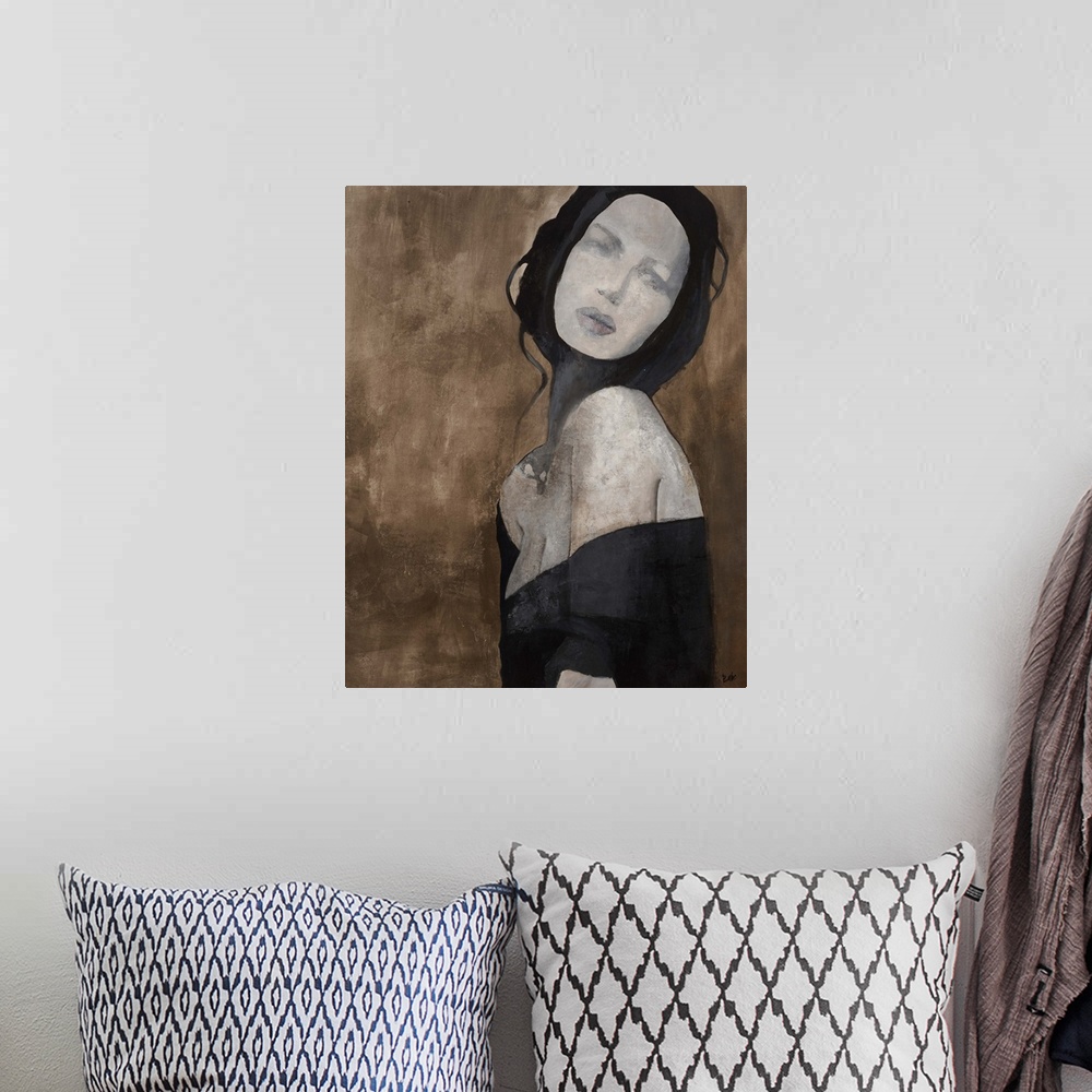 A bohemian room featuring Contemporary painting of woman with pale skin wearing a black dress, against an earth toned backg...