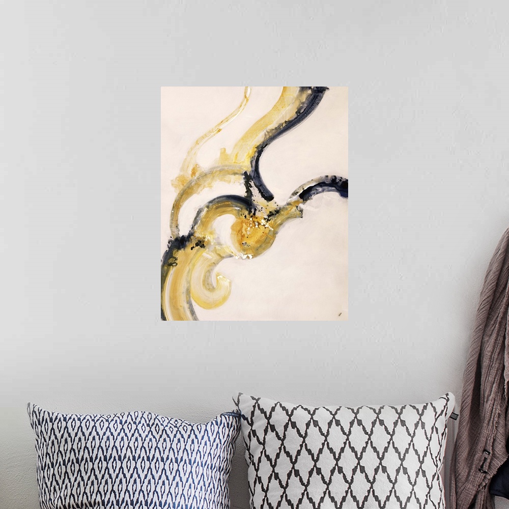 A bohemian room featuring Abstract painting using yellow in a swirling motion with a harsh black stroke echoing it, against...