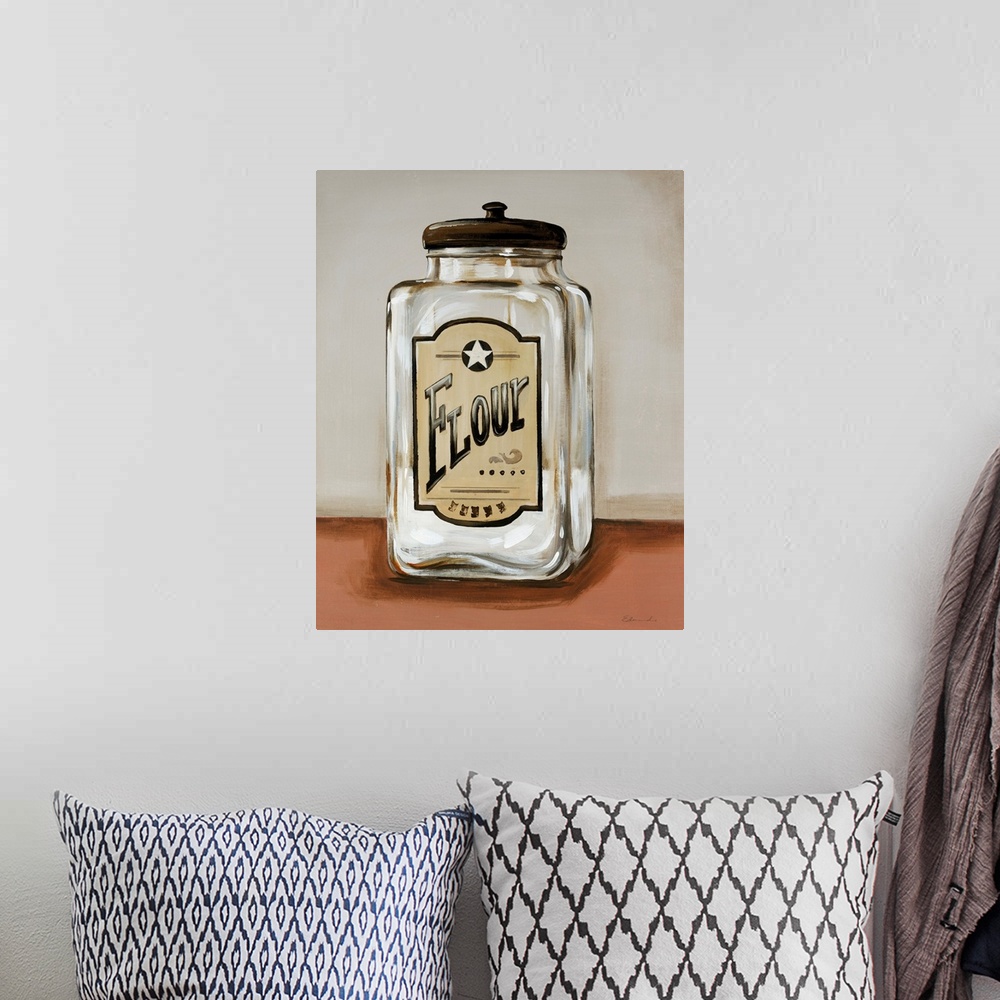 A bohemian room featuring Painting of a partially full clear glass storage jar with a vintage flour label on the front, sit...