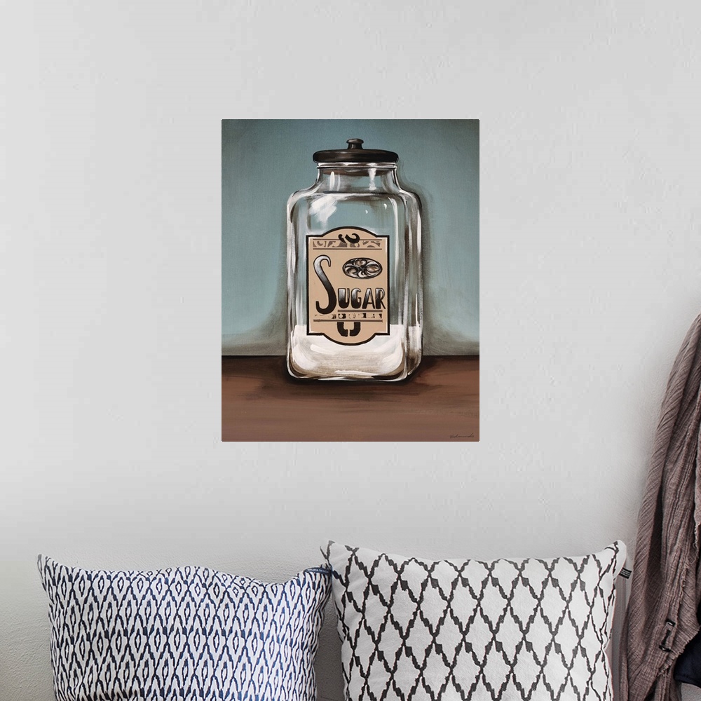 A bohemian room featuring Contemporary painting of a glass jar with sugar in it sitting on a table surface.