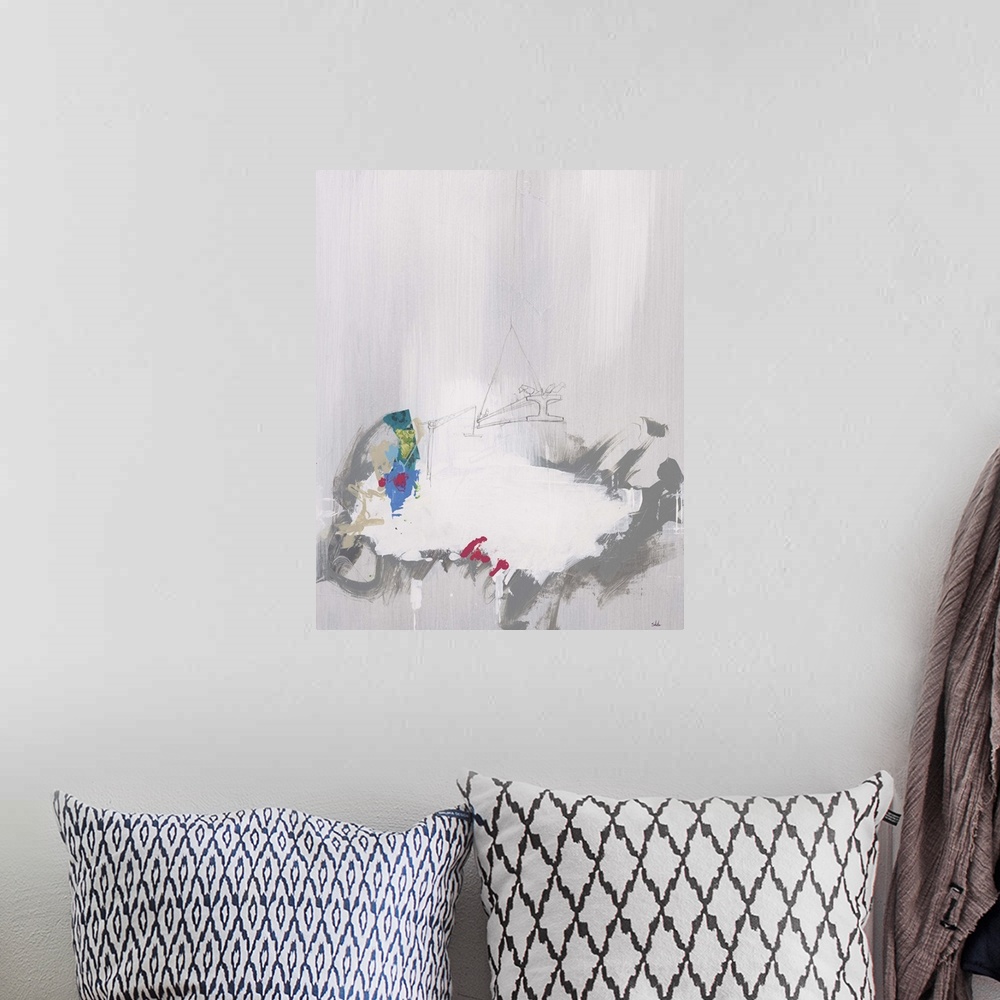 A bohemian room featuring Contemporary abstract painting with hints of color against a neutral background, with a pencil sk...