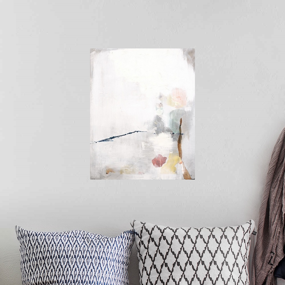 A bohemian room featuring Large abstract art with faint hints of color underneath a white and gray overlay with a thin blue...