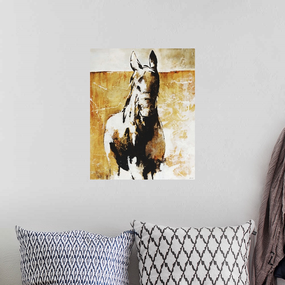 A bohemian room featuring Abstractly painted horse on top of a grungy background.