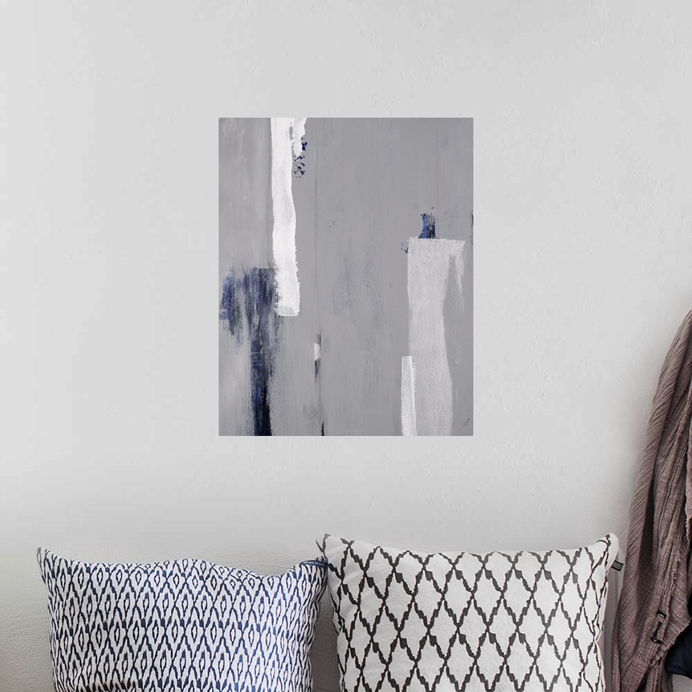 A bohemian room featuring Abstract painting of textured brush strokes in shades of gray with blue accents.