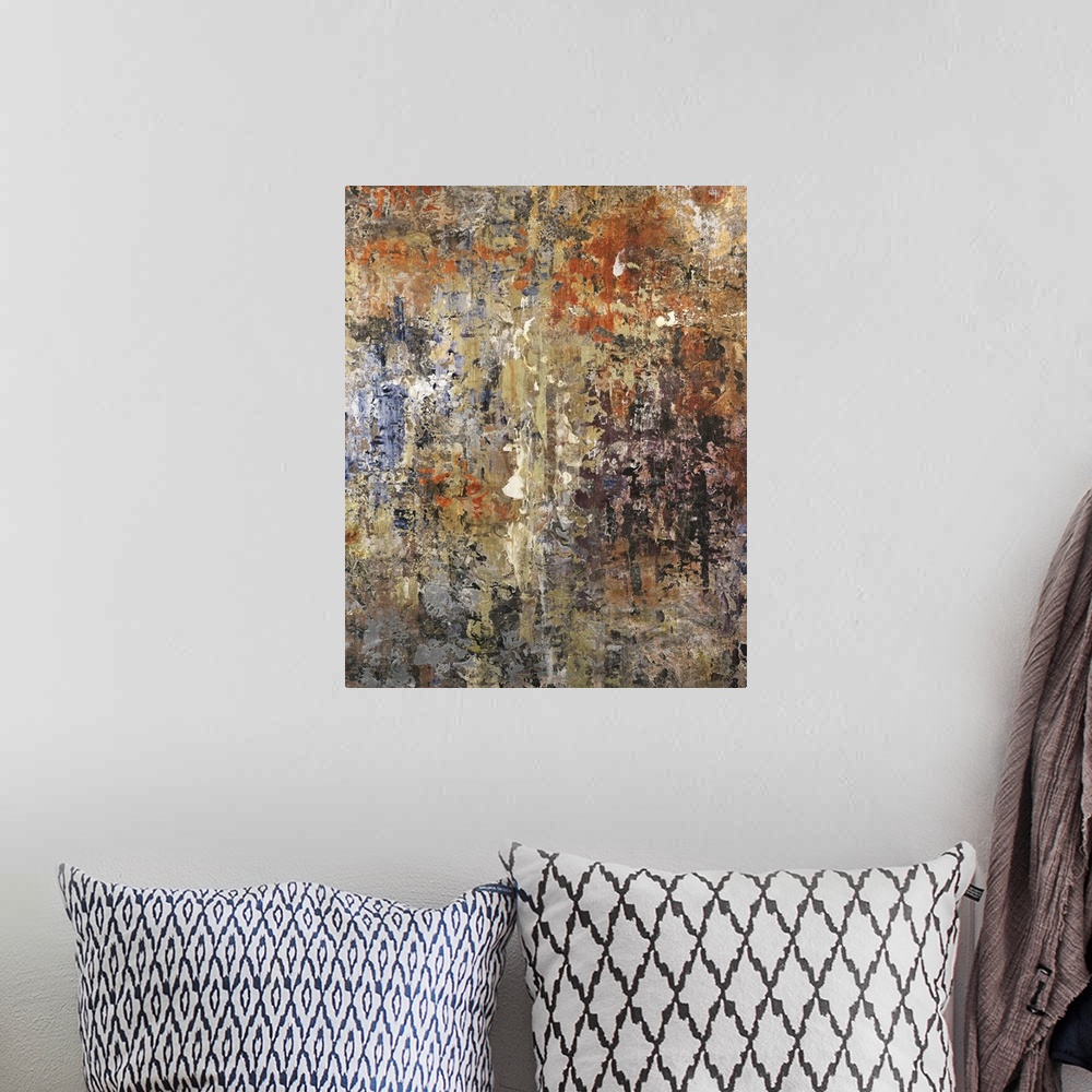 A bohemian room featuring Abstract contemporary artwork in rusty orange and browns.