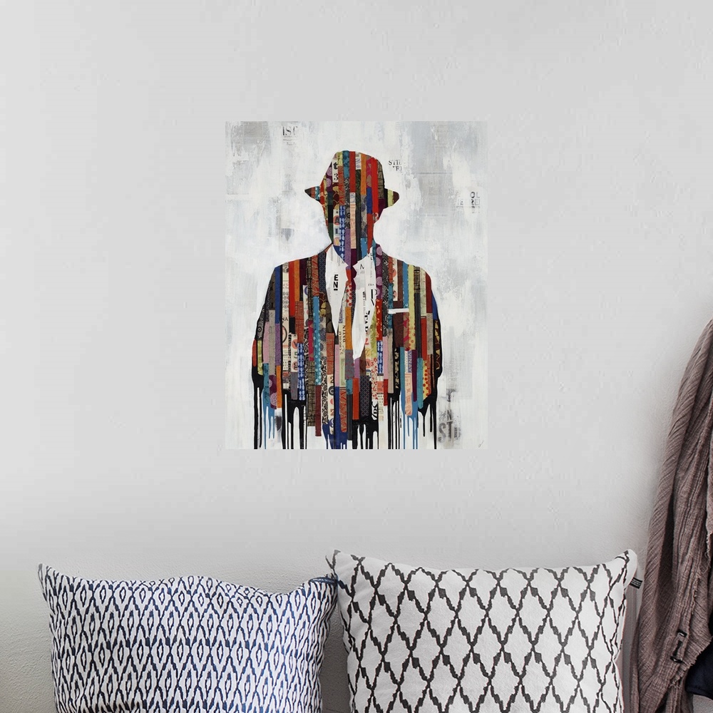A bohemian room featuring Contemporary art of a bust of a man in a jacket, tie and hat, his figure a collaged collection of...