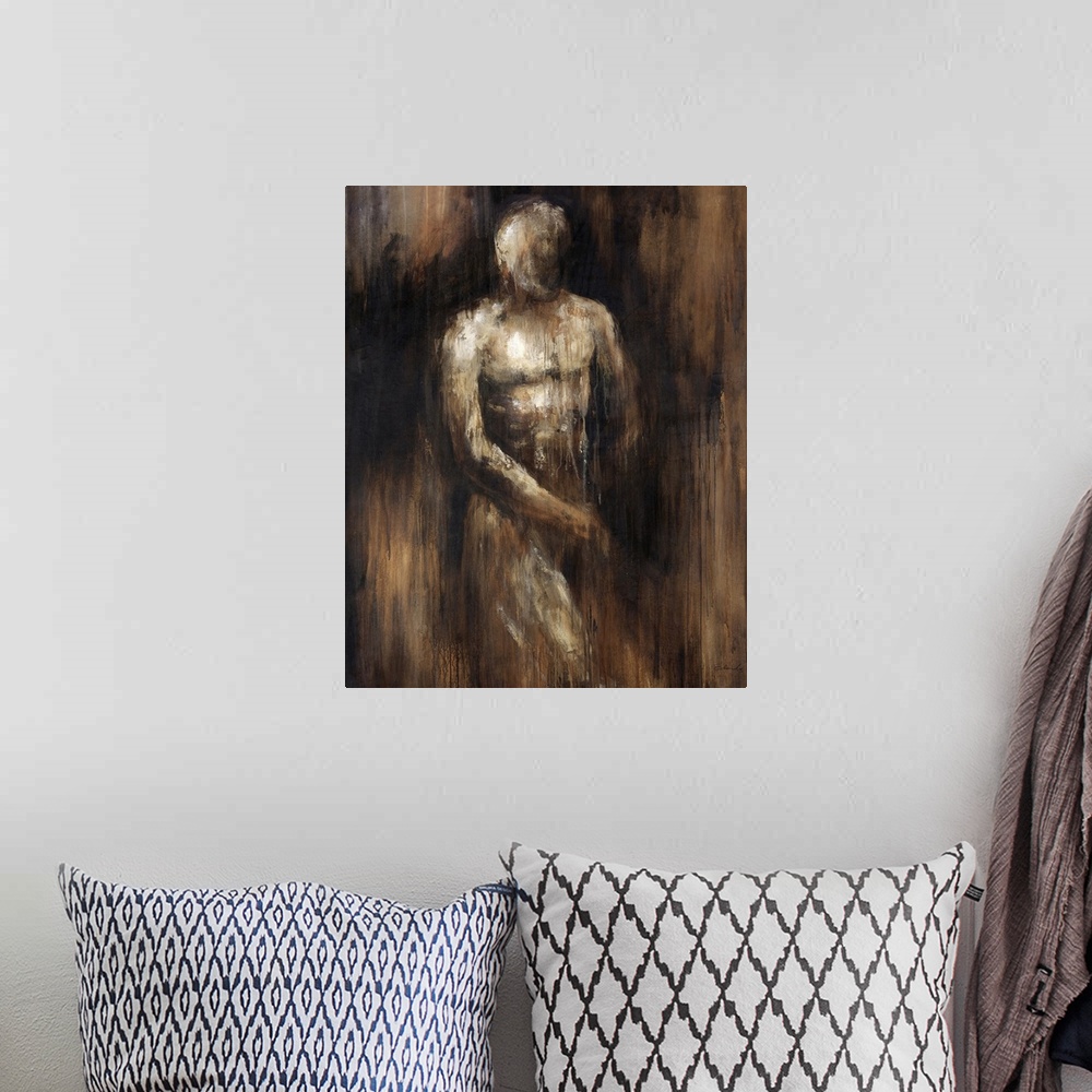 A bohemian room featuring Abstracted painting by Sydney Edmunds of the male figure against a dark background.