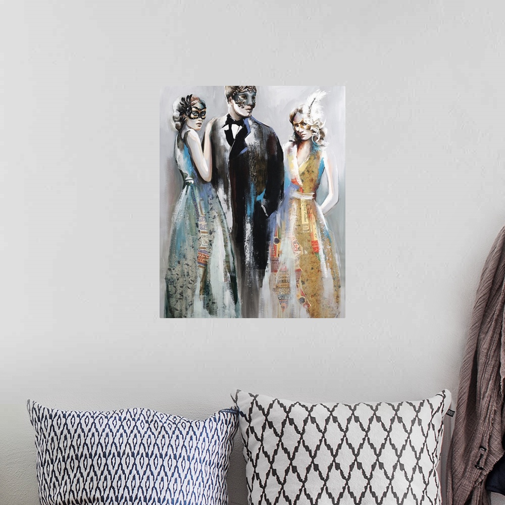A bohemian room featuring Contemporary artwork created with mixed media of three people in masquerade masks dressed up for ...