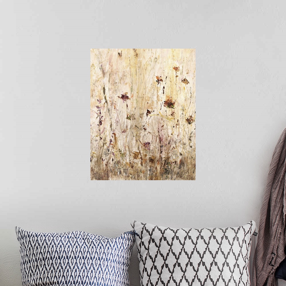 A bohemian room featuring Contemporary abstract painting of flowers and tall grass in earthy tones.