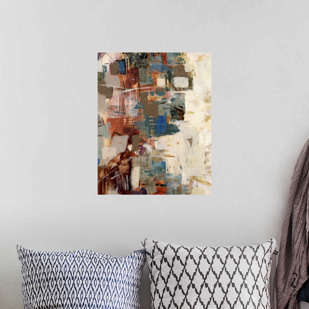 A bohemian room featuring Abstract painting with bold colorful paint strokes covering one half of the piece and cream color...
