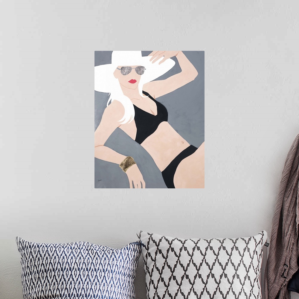 A bohemian room featuring Contemporary figurative painting of a blonde haired woman wearing a white hat and black bikini.